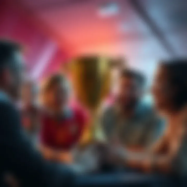 A group of people discussing a trophy, showing mixed reactions of joy and skepticism about a recent win, in a lively forum setting.