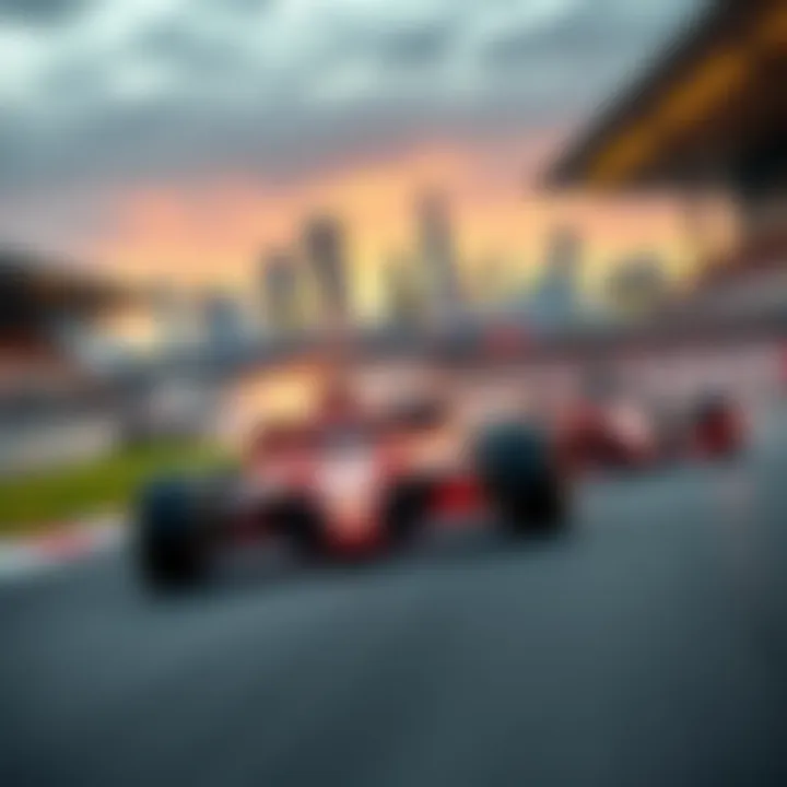 F1 cars speeding around the track with the London skyline in the background during the British Grand Prix