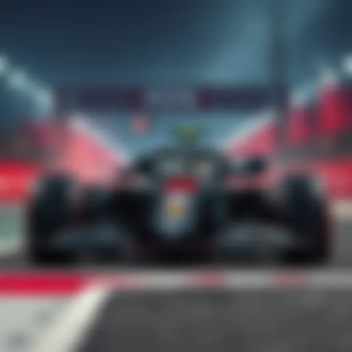 F1 car with crypto logos Formula 1 race car featuring crypto sponsorship logos on the track with a tense atmosphere