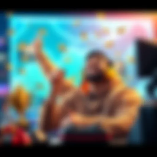 A free-to-play gamer celebrating reaching $500 with a big smile, surrounded by gaming gear and trophies.