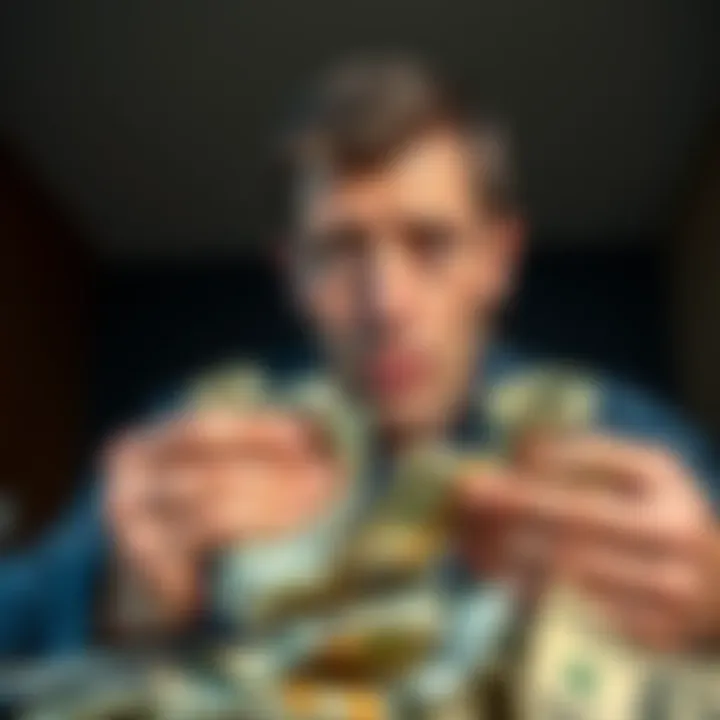A person looking disappointed while counting empty wallets and crumpled bills, representing a failed investment attempt.
