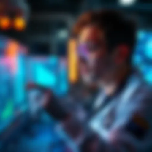 A scientist examines data on a screen, looking concerned about the failed base experiment results