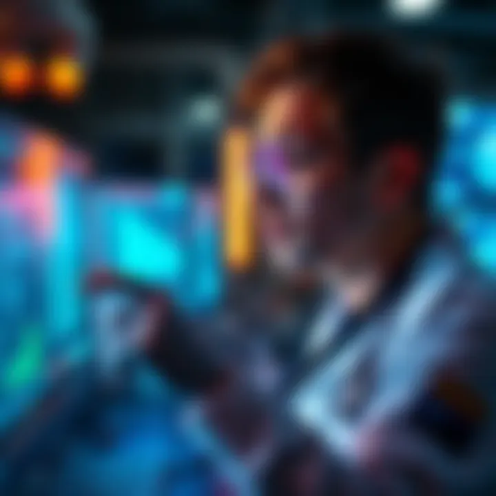 A scientist examines data on a screen, looking concerned about the failed base experiment results
