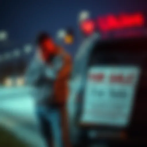 A disappointed buyer stands next to a vehicle with a 'For Sale' sign, showing signs of frustration over a failed deal.