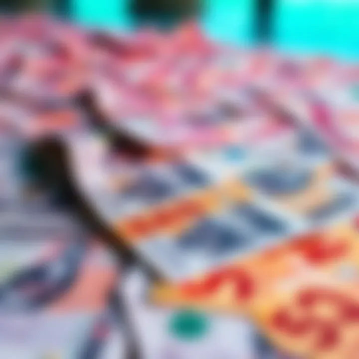 Fake Money Concept A close-up of counterfeit currency notes laid out on a table, highlighting the differences between real and fake money.