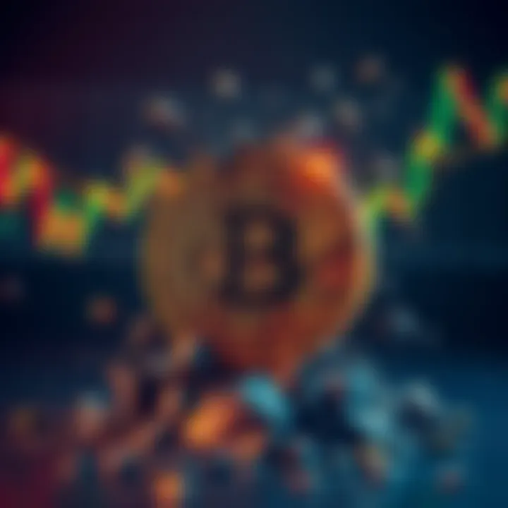 A Bitcoin symbol appears to be crumbling, surrounded by contrasting bullish and bearish signals depicting market uncertainty.