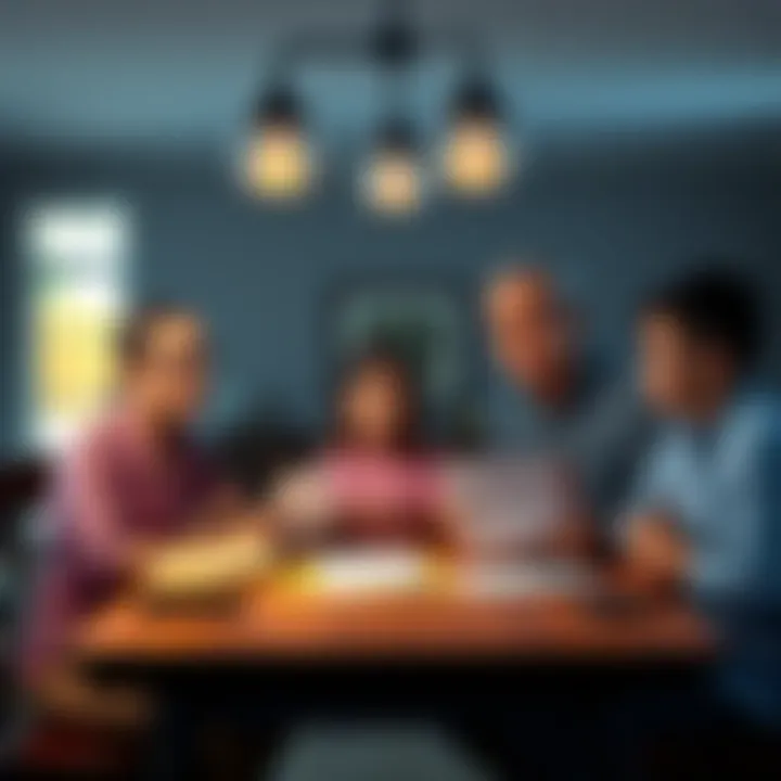 A family of five sitting at a dining table, looking at tax documents with worried expressions, contemplating their financial future in Illinois.