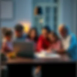 A family sitting together at a table discussing financial matters related to Bitcoin holdings, with a laptop and charts visible