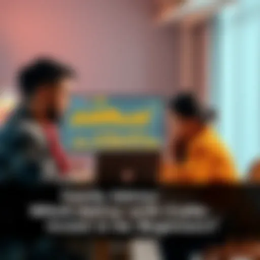 A family sitting at a table, looking at a laptop and discussing investment options in cryptocurrencies, with charts and graphs on the screen