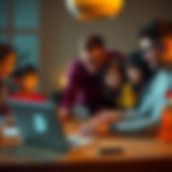 A family sitting around a table sharing ideas about Bitcoin, with a laptop open showing cryptocurrency information.