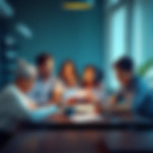 A family sitting around the table, looking concerned while reviewing papers related to finances