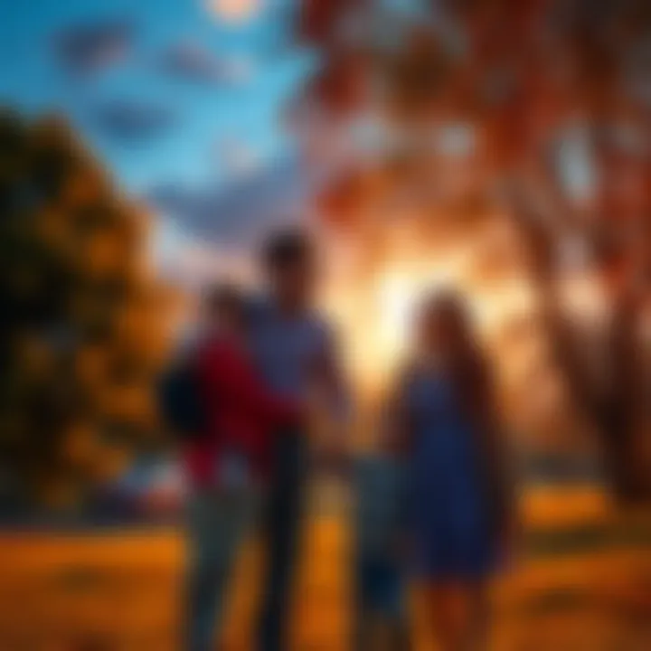 A family standing together in a park, smiling and looking towards the future filled with hope, representing their journey with #Kaspa.