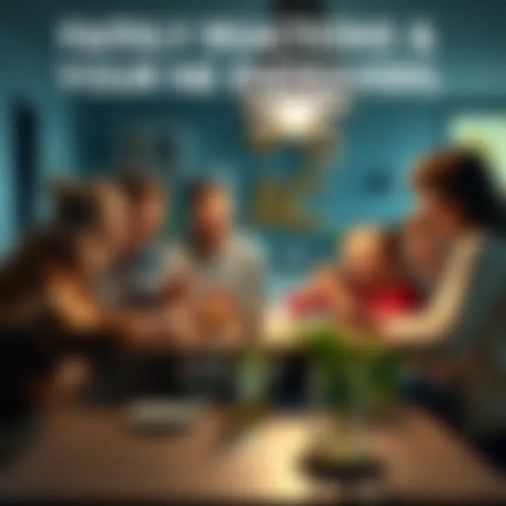 A family gathered around a table, reacting with surprise and laughter as one member shares news about a new project