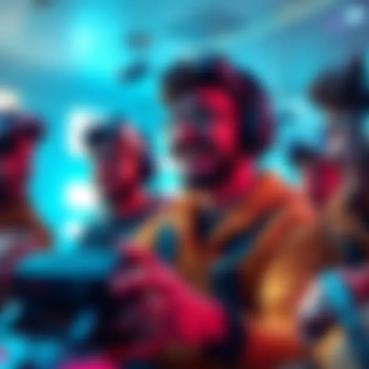 A group of gamers discussing the nostalgic Atlas Racer mini game, expressing their wish for its return, with enthusiastic expressions and gaming gear.