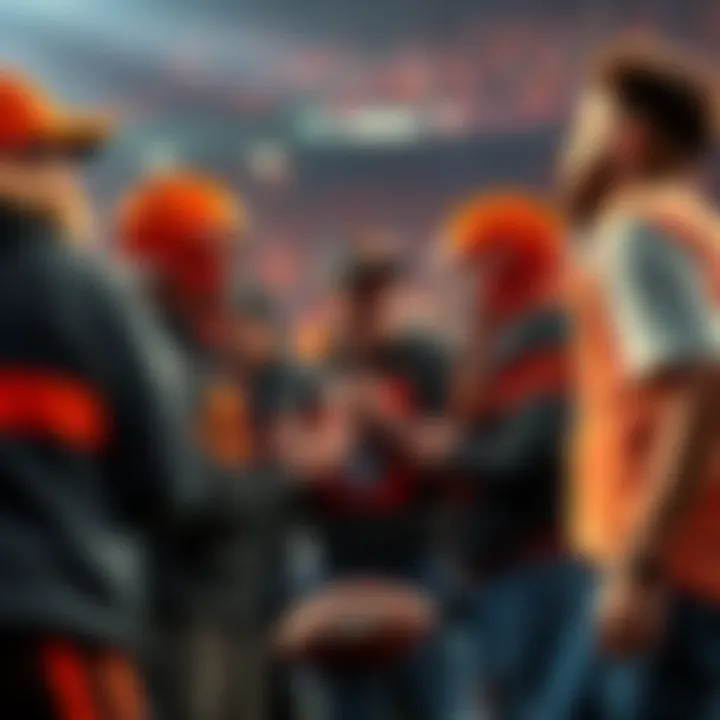 A group of enthusiastic football fans talking about crowdfunding to buy the Cleveland Browns, with a football field background.