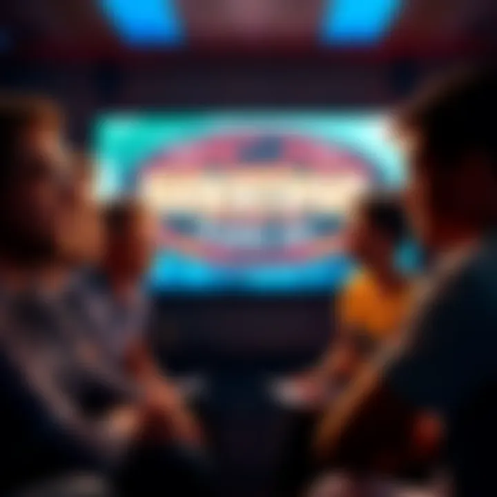 A group of fans discussing their thoughts on Survivor AU, showing mixed emotions and engagement levels, set against a television screen displaying the show's logo.