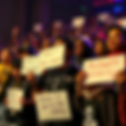 A group of diverse fans wearing Michael Jackson merchandise, holding signs of support at an event, showcasing their dedication and commitment.