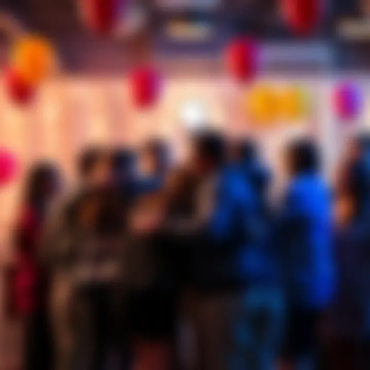 A group of friends sharing warm hugs and smiles during a farewell party, surrounded by balloons and decorations.
