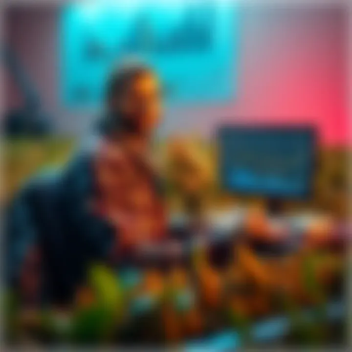 Farmer Staking Solana at Asgard Finance A farmer sitting at a computer, engaged in staking Solana through Asgard Finance, with visuals of crops and finance charts around them.