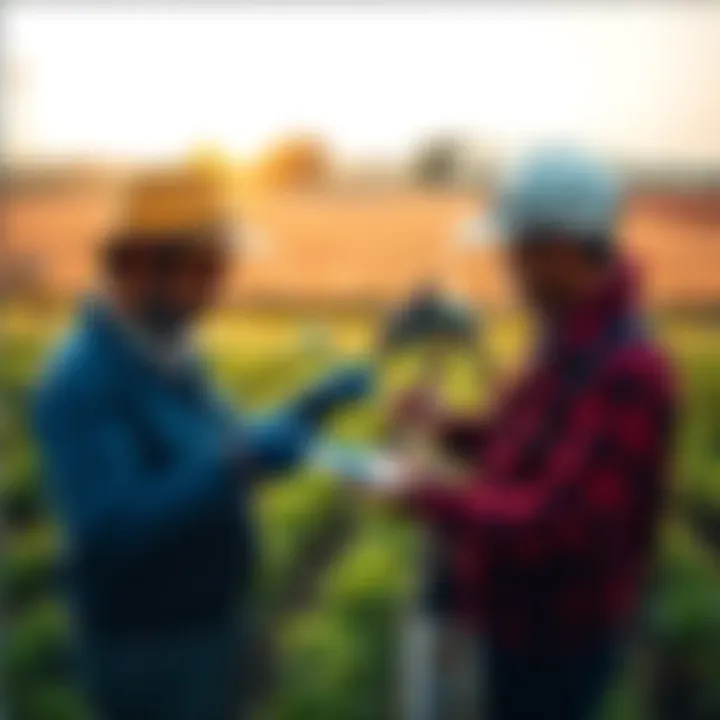 Farmers using a digital device to register their farms on the Cardano platform, with fields in the background