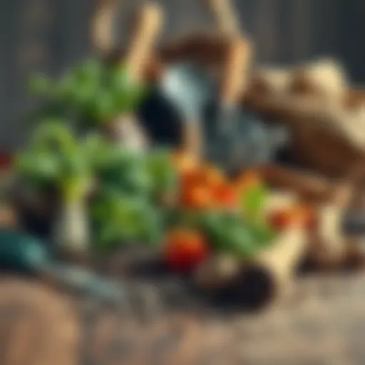 A collection of farming tools, seeds, and crops on a wooden table, symbolizing a fresh start in farming.