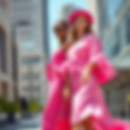 Two fashion models showcase vibrant pink dresses in a sunny urban setting, highlighting contemporary pink fashion trends.