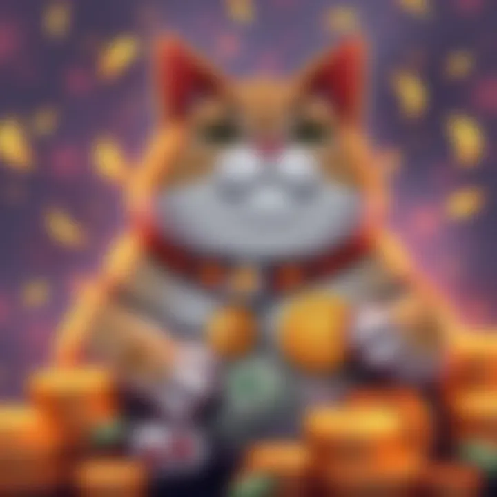A cartoonish fat cat with a gold coin and dollar bills, representing wealth and success in the crypto world.