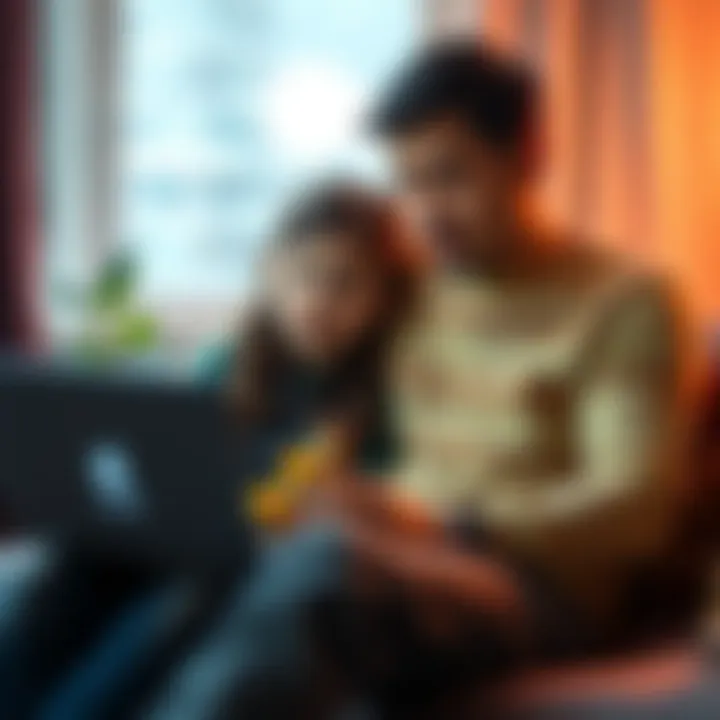 A father and his daughter sitting together, looking at a laptop showing cryptocurrency data, symbolizing hope and transparency in Sector 61.