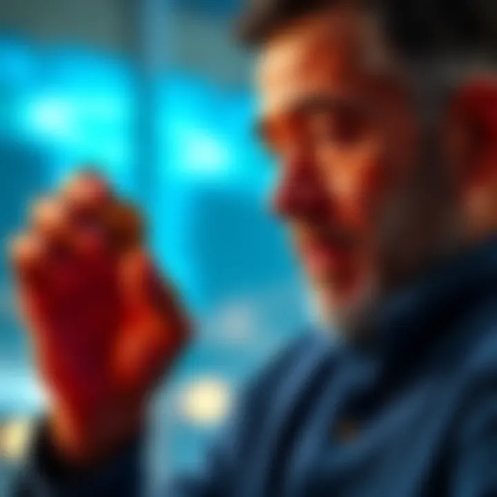 A dad looking at two digital coins with a hopeful expression, symbolizing his investment for his sons' future.