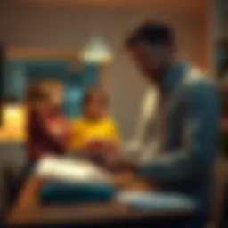 A 28-year-old man with four kids stands near a table with financial documents, looking at a calculator, contemplating his investments.