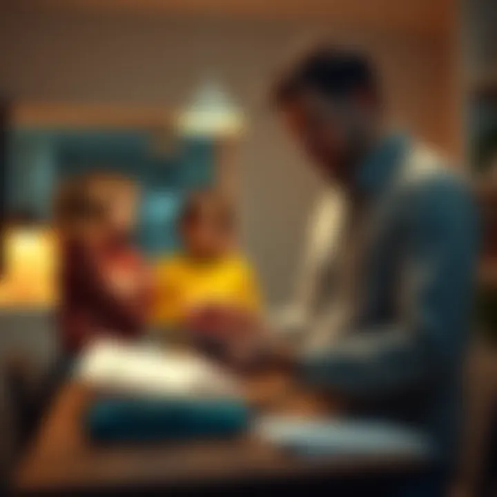A 28-year-old man with four kids stands near a table with financial documents, looking at a calculator, contemplating his investments.