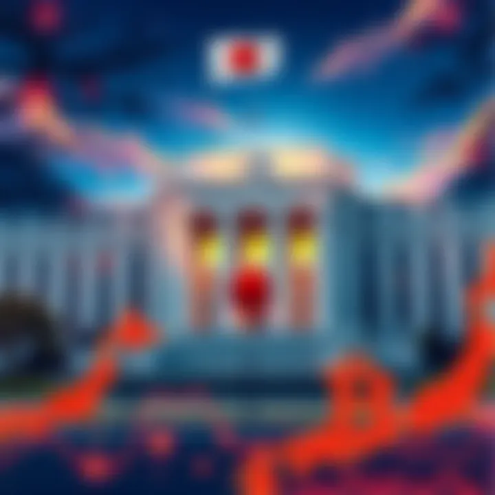 Illustration of the Federal Reserve building alongside a symbolic representation of Japan's economy, with Bitcoin graphics in the foreground symbolizing market impact.