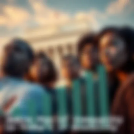 A group of diverse people looking concerned while staring at ascending graphs representing economic inequality, with a Federal Reserve building in the background.