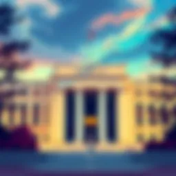 An illustration of the Federal Reserve building with a focus on the leadership change and its potential impact on cryptocurrency.