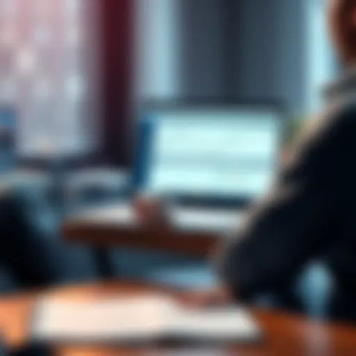 A person sitting at a desk with a laptop open, displaying the Trezor Suite interface, writing feedback on a notepad about trading features, with charts on the screen.