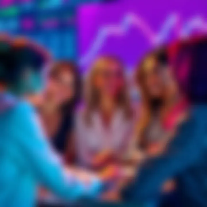 A group of diverse female Bitcoin influencers discussing market trends, with charts showing a downturn in the background.