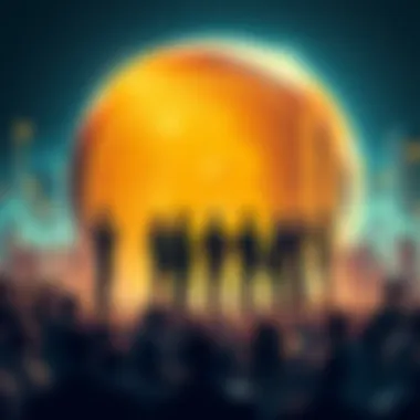 A small group of people standing together, symbolizing the limited ownership of Bitcoin, with a globe in the background depicting world statistics.