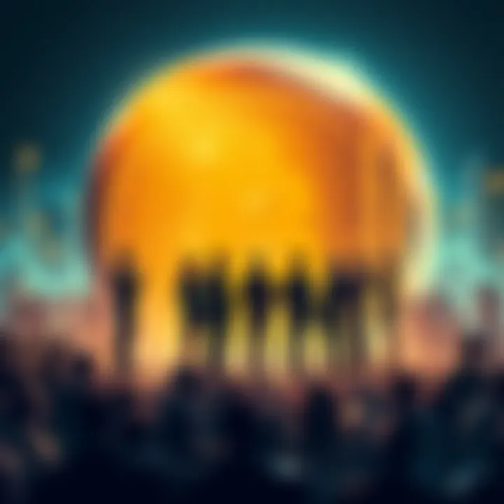 A small group of people standing together, symbolizing the limited ownership of Bitcoin, with a globe in the background depicting world statistics.
