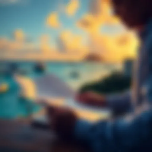 A person reviewing financial documents with a laptop, highlighting fiat currency challenges in offshore crypto firms, set against a backdrop of the Cayman Islands.