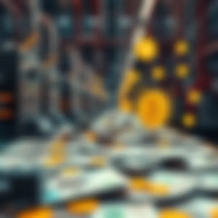 A factory setting with machines producing traditional fiat currency notes, surrounded by digital currency symbols like bitcoin.