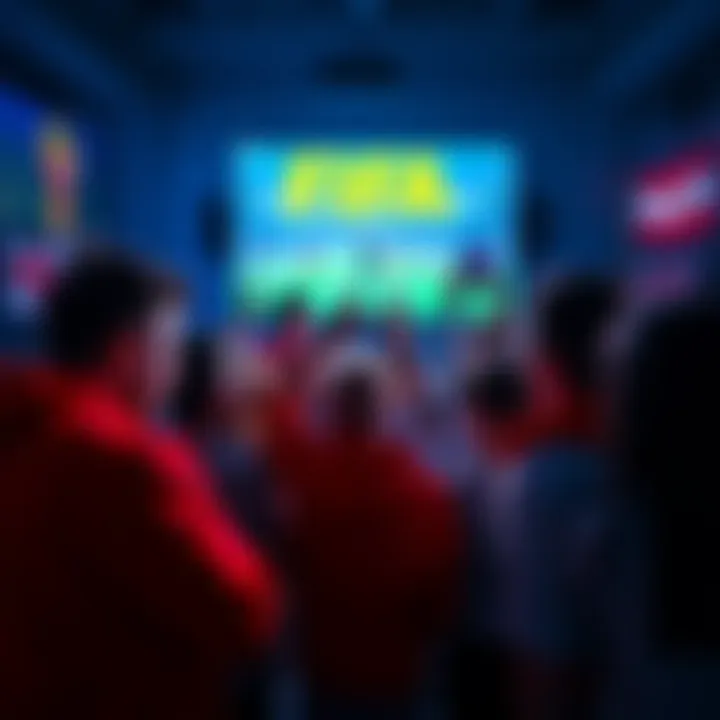 FIFA Fans Predicting Tournament Outcomes Fans gathered around a screen, excitedly discussing predictions for the FIFA tournament, with flags of Spain, England, and Argentina visible.