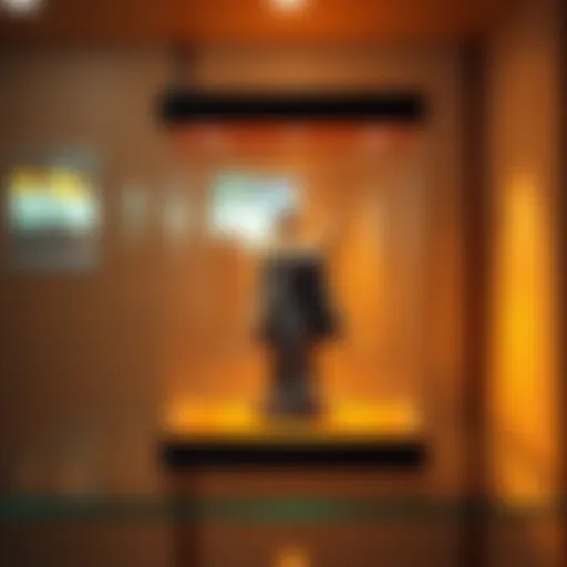 A beautifully crafted figurine placed inside a glass display case on a shelf, surrounded by soft lighting.