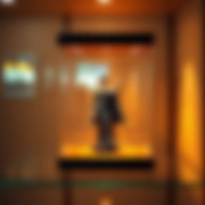 Figurine in Display Case A beautifully crafted figurine placed inside a glass display case on a shelf, surrounded by soft lighting.