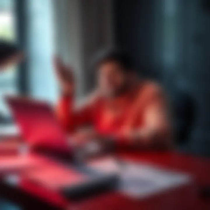 A person looking relieved while filing taxes on a laptop, with crypto-related documents and tax forms on the table.