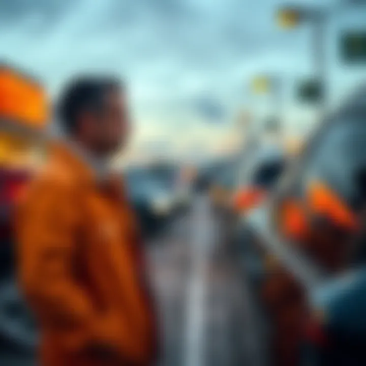 A finance manager speaking with a potential car buyer, expressing concerns about Bitcoin investments, with a car lot in the background.