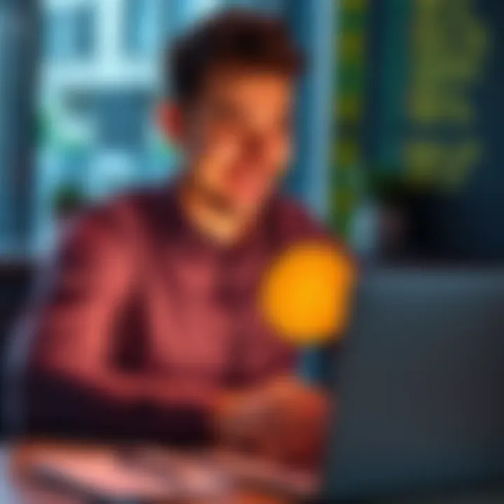 A finance professional smiles while looking at a Bitcoin chart on a laptop, symbolizing a change in perspective on cryptocurrency.