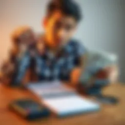 Person looking worried while holding bills and a calculator, with a notebook and pen on the table for budgeting