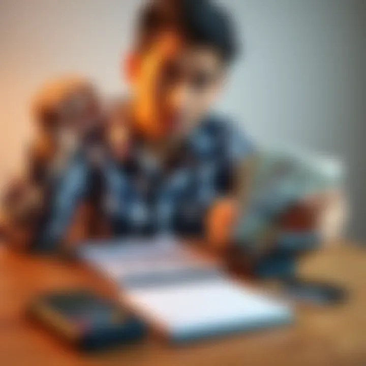 Person looking worried while holding bills and a calculator, with a notebook and pen on the table for budgeting