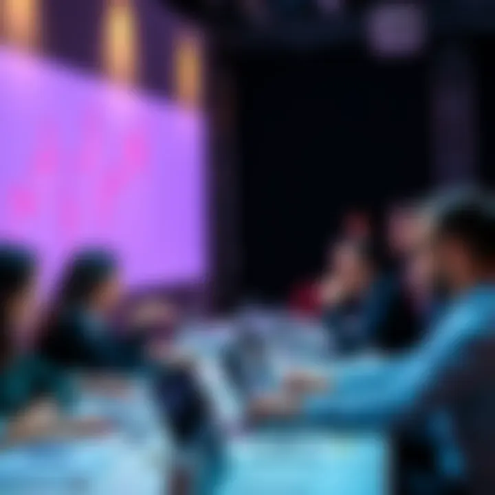 Financial advice discussion People discussing investment strategies around a table with laptops and papers