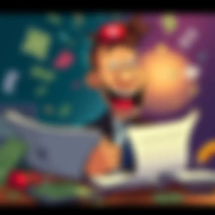 A cartoon character laughing while reviewing financial documents, surrounded by money symbols and lighthearted notes.